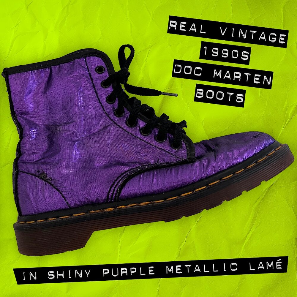 Vintage 1990s RARE 8-eyelet Doc Martens in Metallic Purple Lamé Fabric- size 8.5
